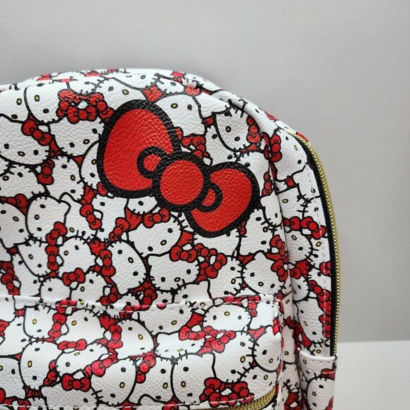 Hello Kitty Face PU Mini Backpack Purse Bag | Adjustable Straps Zipper White Red - Picture 2 of 11